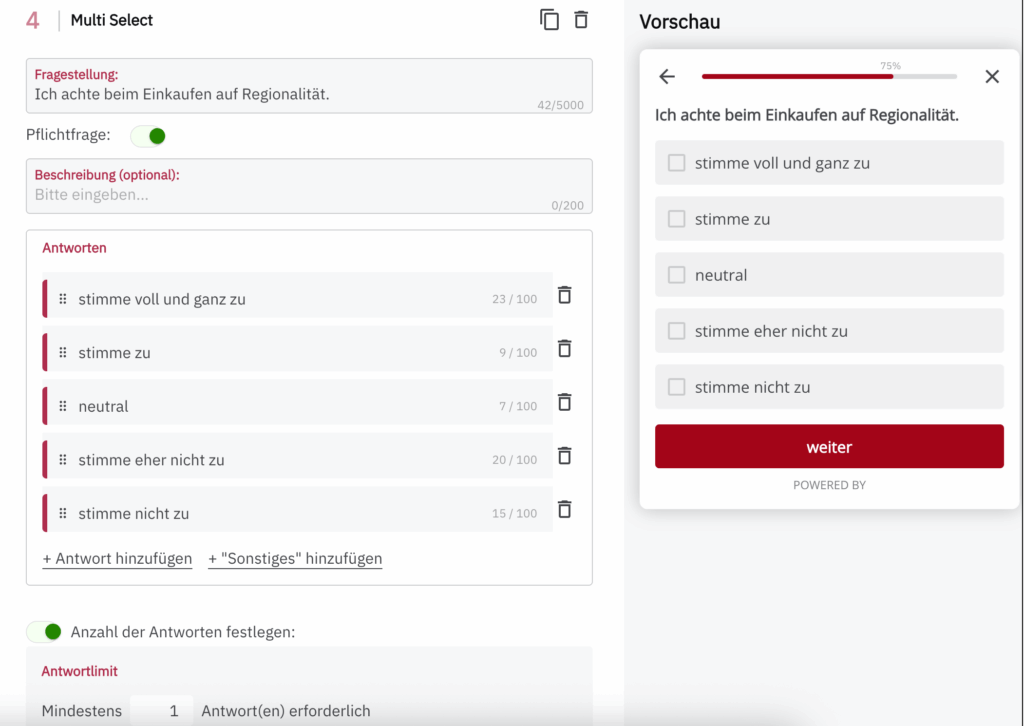 Erstelle eine Likert-Skala mit Multi Select Fragen.
